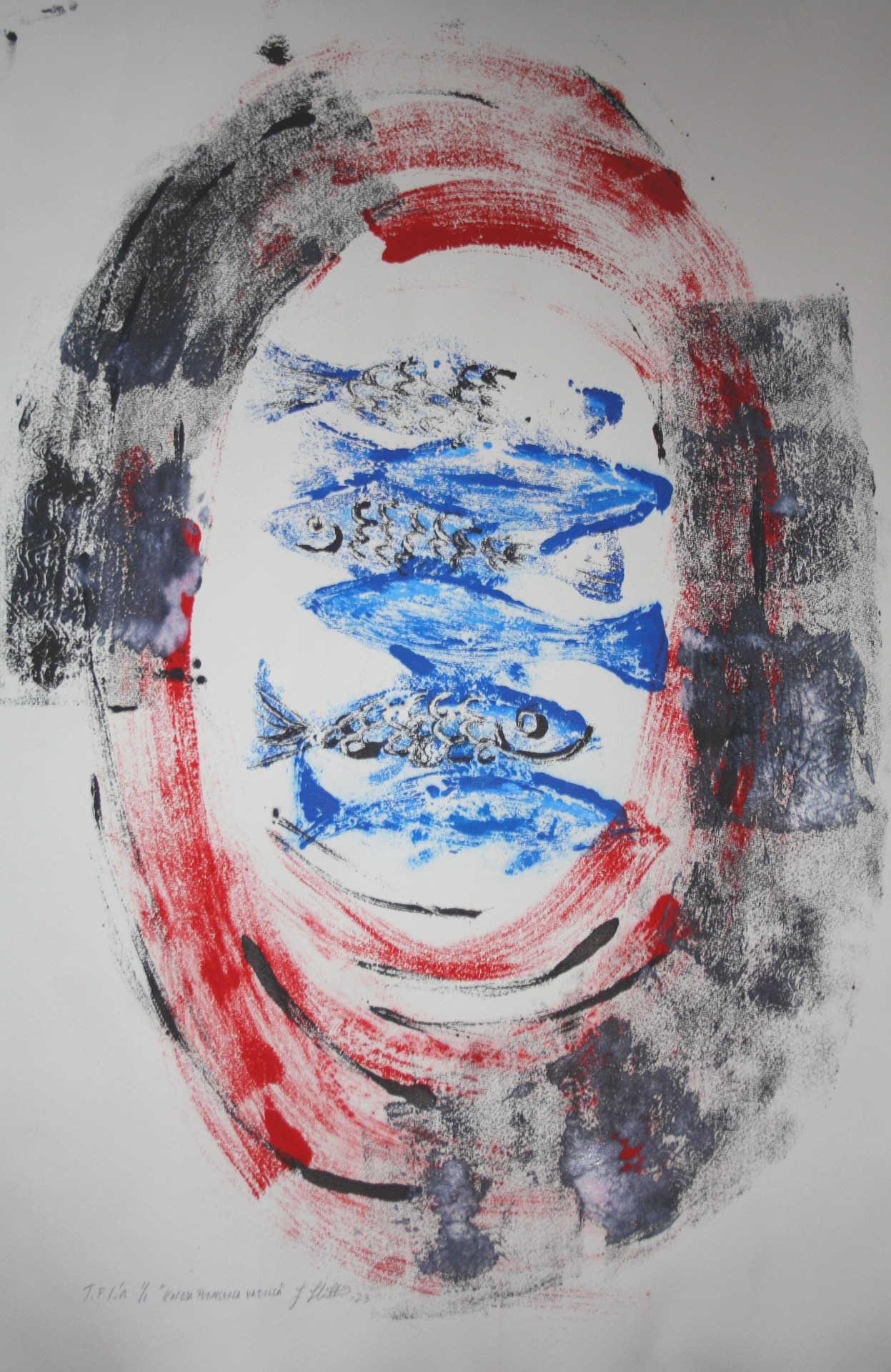 "Kaloja punaisella vadilla", Monotypia, 2023, 78x53, 100€
