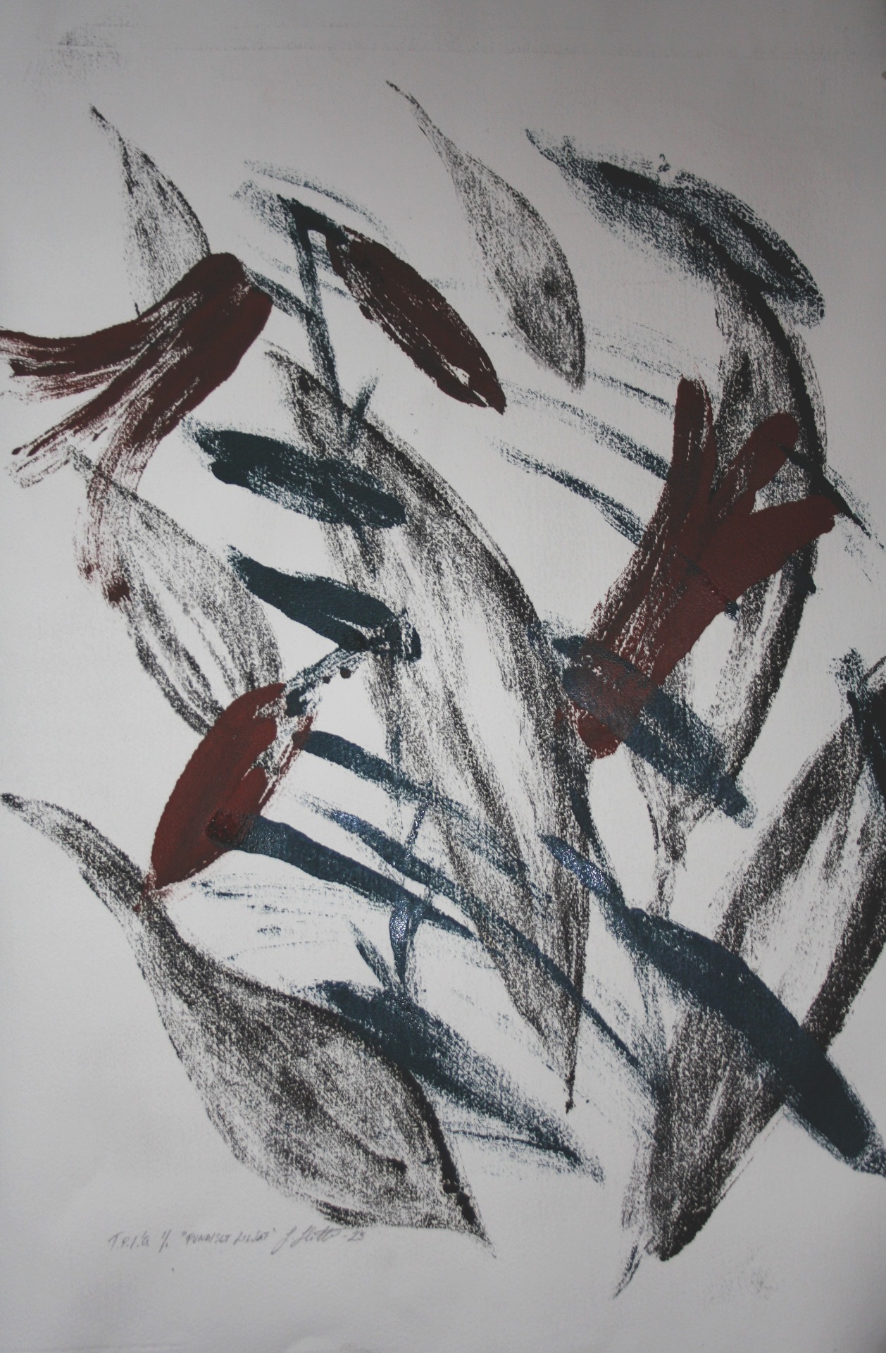 "Punaiset liljat", Monotypia, 2023, 78x53, 100€