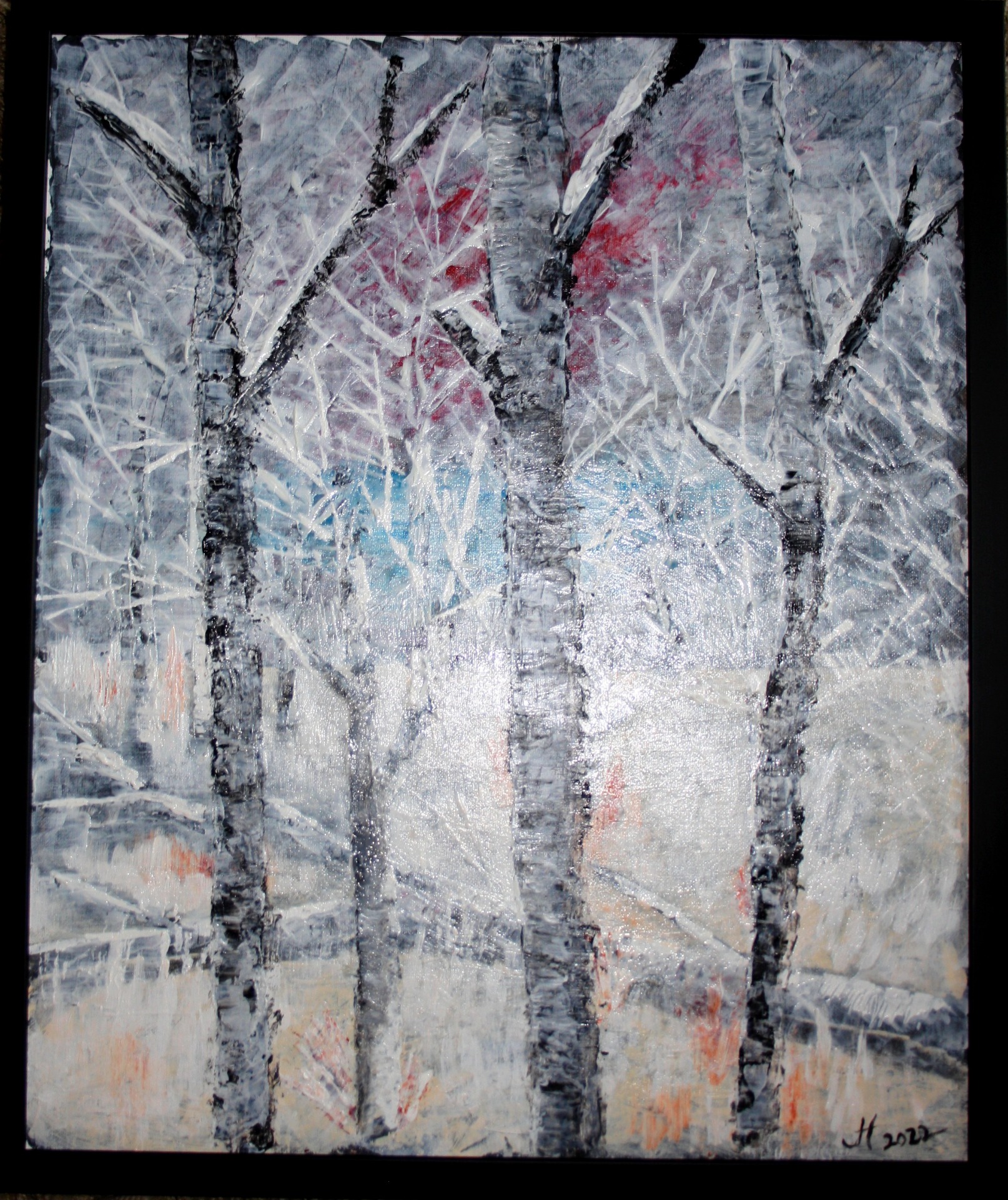 "Huurteinen koivikko", Akryyli canvas pohjalle, kehystetty, 2022, 58x49, 250€