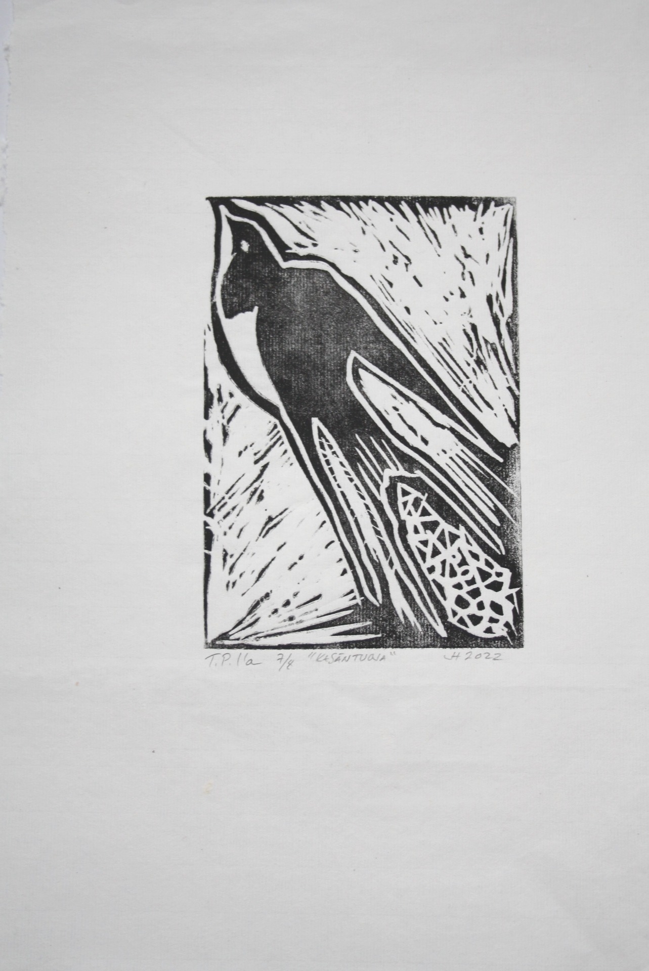 "Kesäntuoja", linografiikka japaninpaperille, 2022, 34x24, 25€