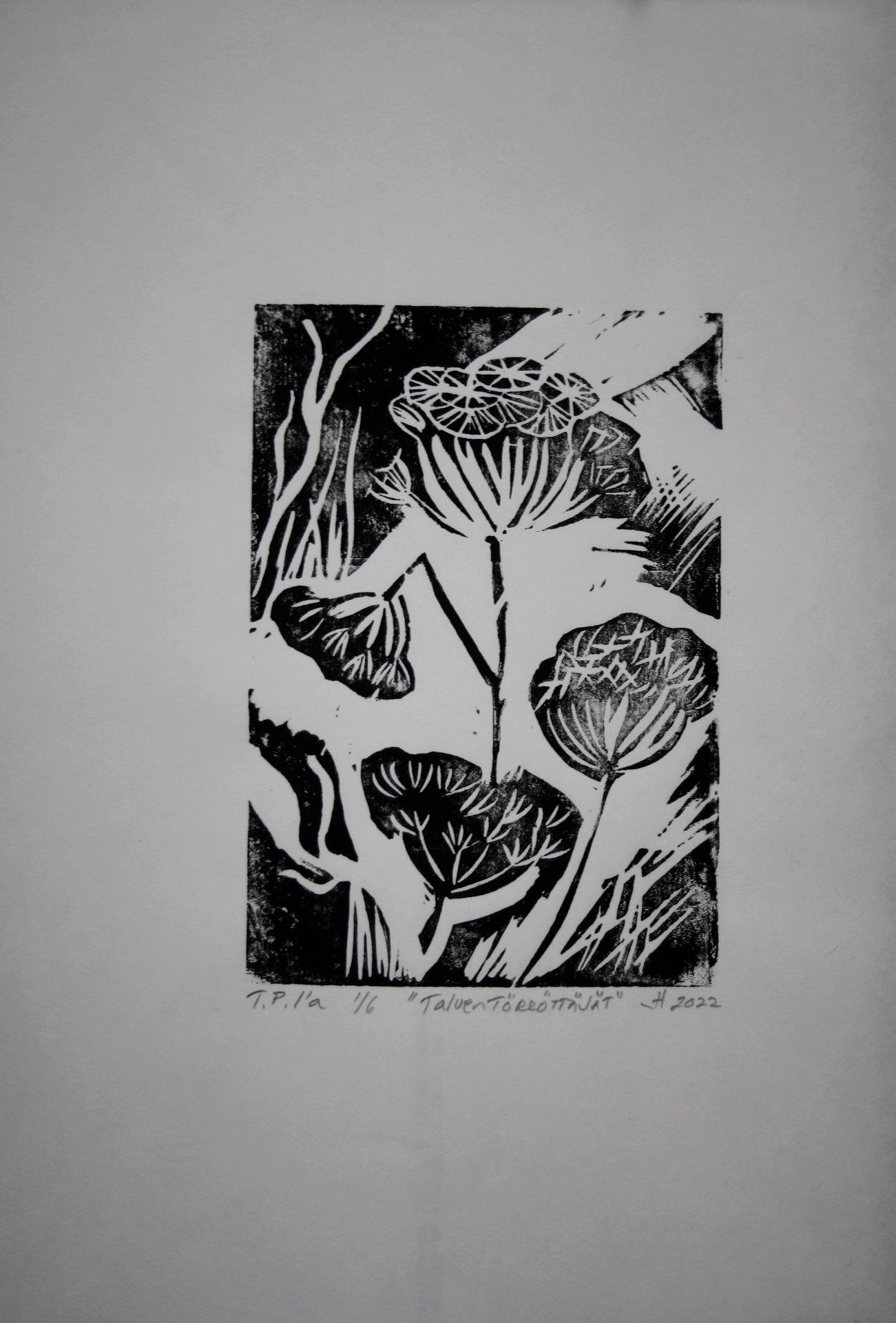 "Talventörröttäjät, linografiikka Japaninpaperille, 2022, 31x23, 25€