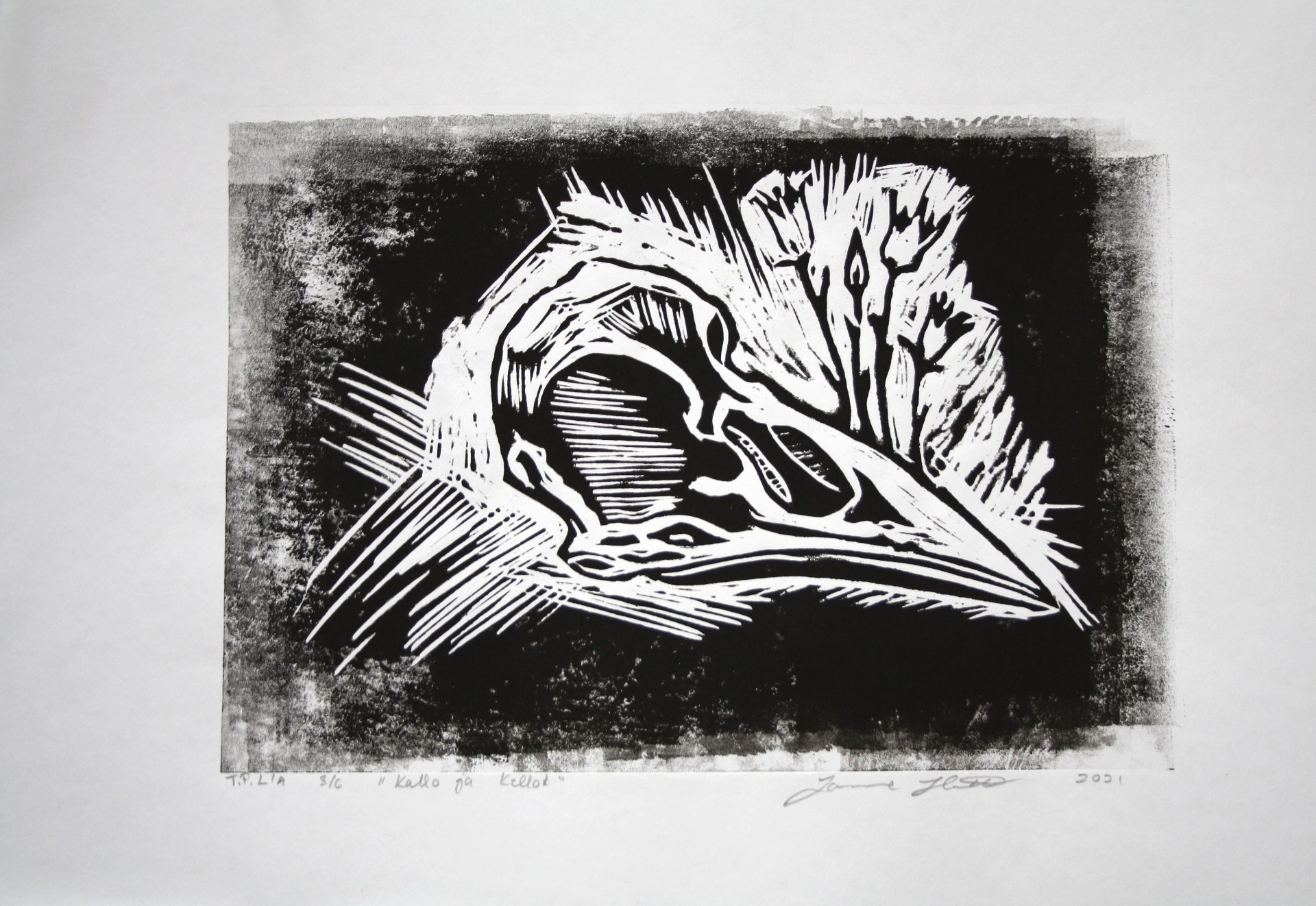 "Kallo ja kellot", Linografiikka, 2021, 29,5x42, 30€ (tästä saatavana 1kpl kehystettynä 60€)